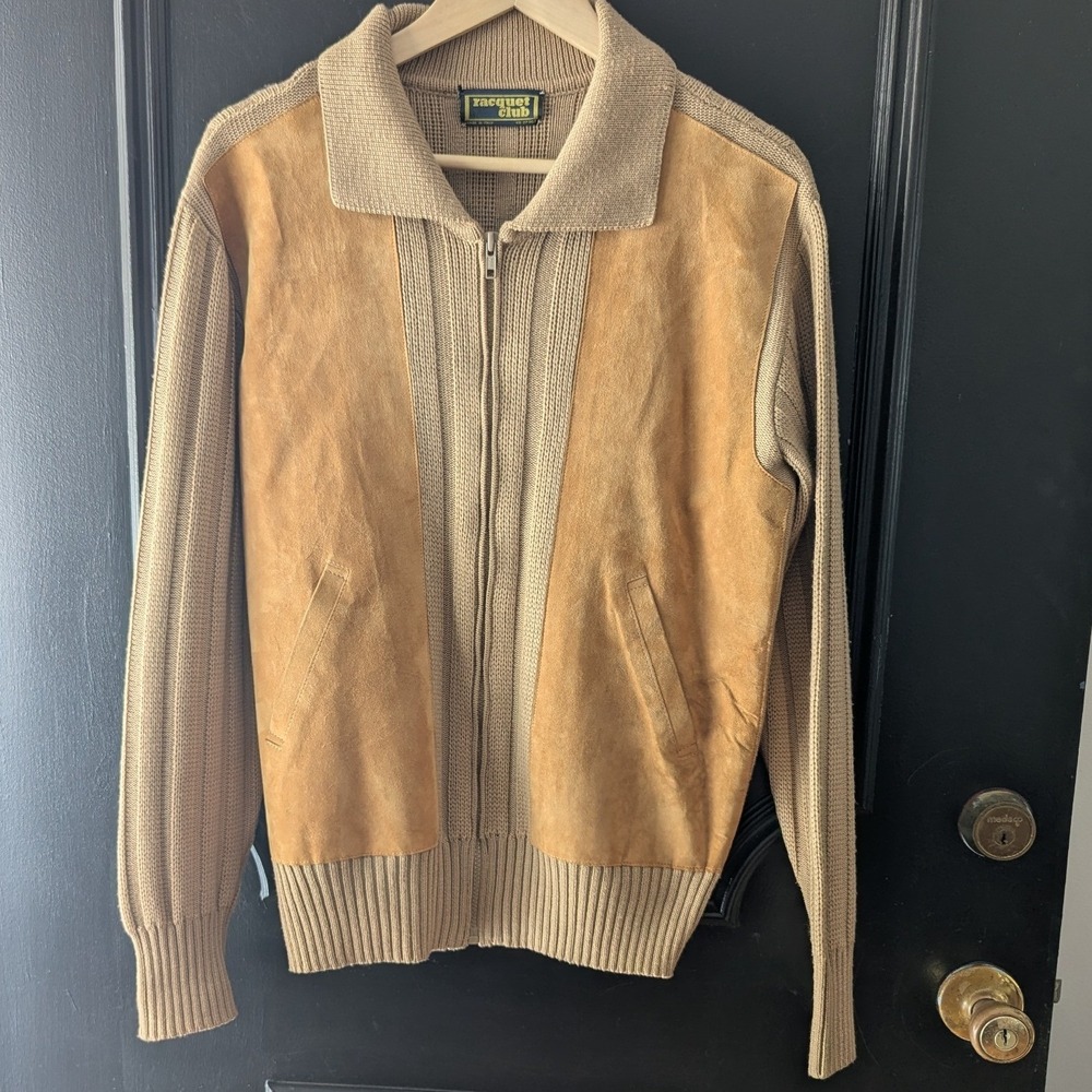 VTG Racquet Club Men's Zip Up Cardigan Jacket Suede Ribbed Wool‎ Blend Sweater